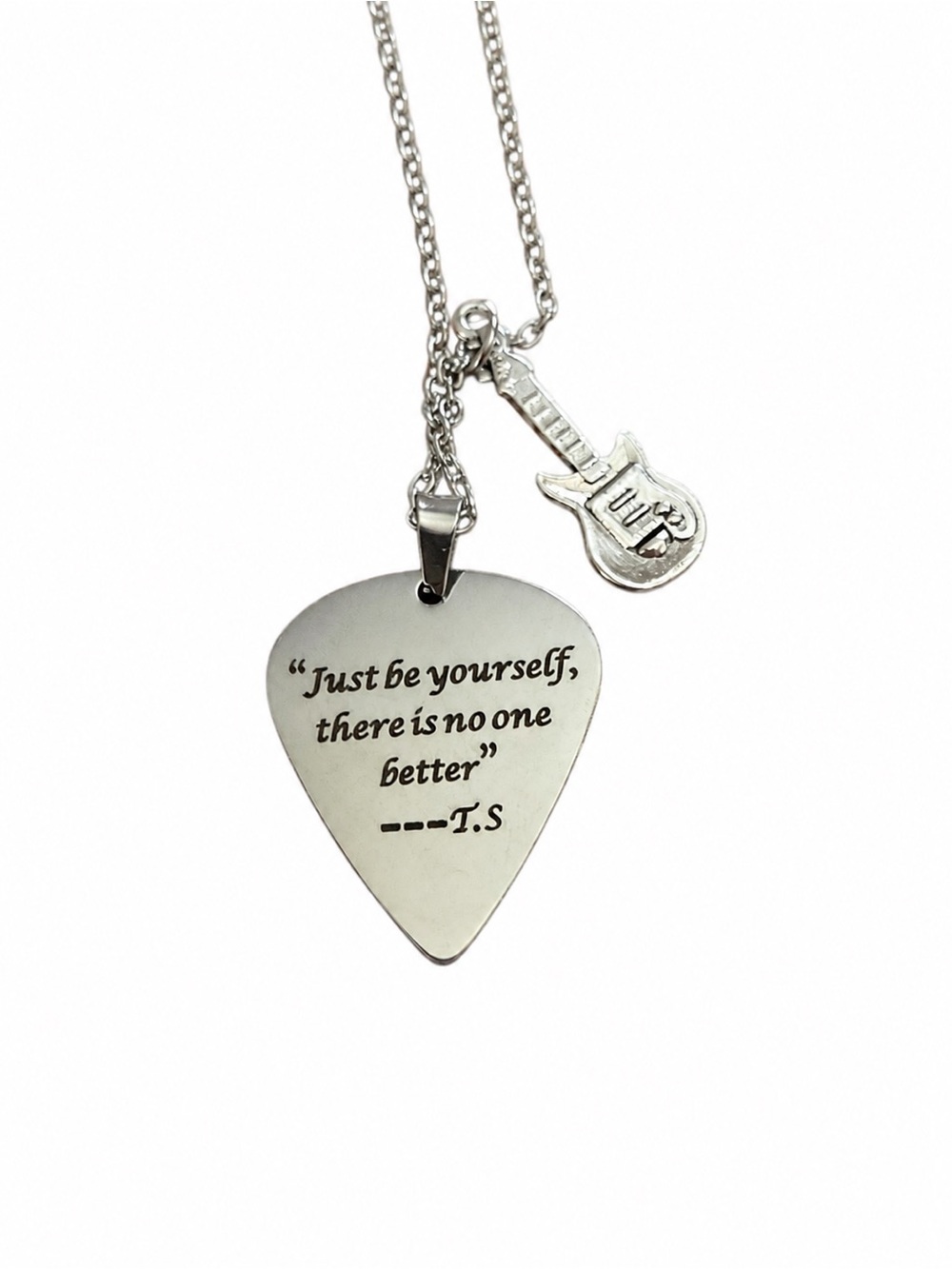 Stainless Silver Guitar Pick Pendant Necklace - Inspirational Quote